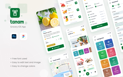 Tanam - Elementos de la interfaz de usuario de la plantilla de diseño de la aplicación iOS de comestibles