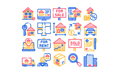 Gebouw huis verkoop Vector dunne lijn ingesteld pictogram