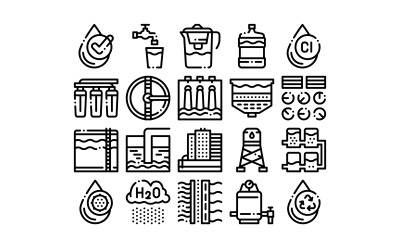 Waterbehandeling Items Vector dunne lijn ingesteld pictogram