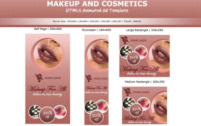 Maquillaje y cosméticos: banner animado de plantilla de anuncio HTML5