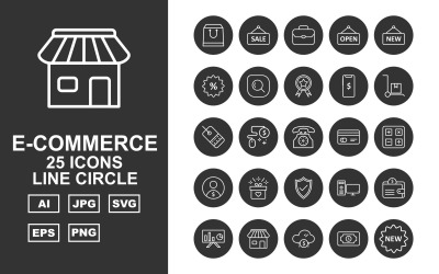 Conjunto de ícones de pacote circular de 25 linhas de comércio eletrônico