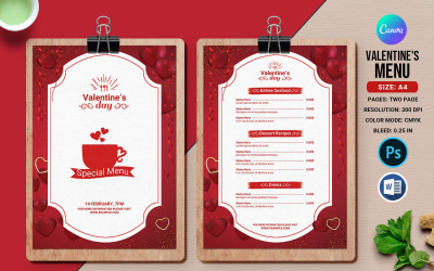Valentine Party Menu Flyer šablona. Přizpůsobitelné a tisknutelné