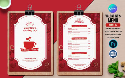 Valentine Party Menu Flyer Template. Customizable &amp;amp; Printable