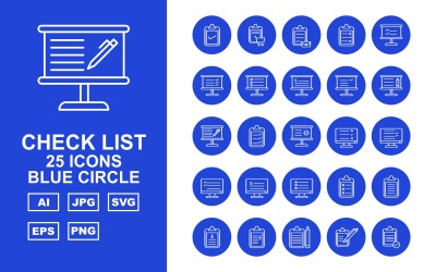 25 Conjunto de ícones de círculo azul da lista de verificação premium