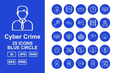 Conjunto de ícones de círculo azul para crimes cibernéticos 25