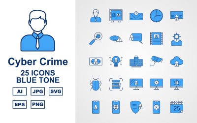 Conjunto de ícones de tom azul de 25 crimes cibernéticos premium