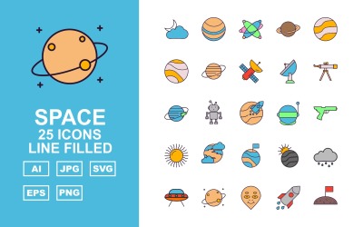 25 Conjunto de iconos llenos de línea espacial premium