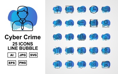 Jeu d&amp;#39;icônes de bulle de ligne de cybercriminalité 25 Premium