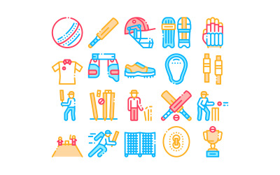 Kriketová hra kolekce prvky nastavit vektorové ikony