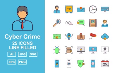 25 linii premium wypełnionych cyberprzestępczością zestaw ikon