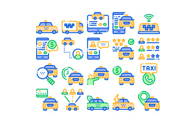 Online taxi gyűjtemény elemek beállítása vektor ikon
