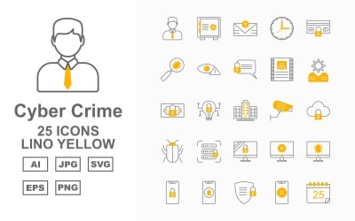 25 Premium Cyber Crime Lino Yellow Icon Set