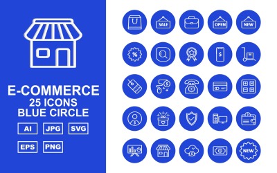25 Premium E-handel Blue Circle Pack Ikonuppsättning