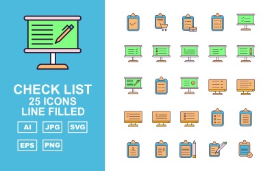 25 Премиум Контрольный список Линия Заполненный Значок Набор