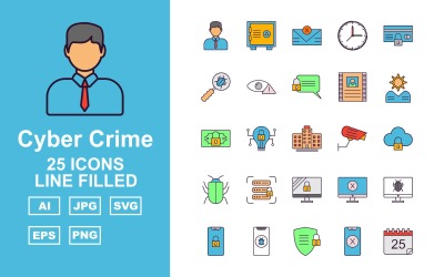 25 set di icone riempite di linea di criminalità informatica premium