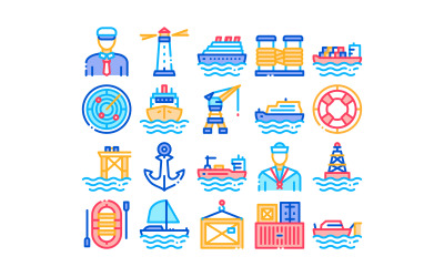 Conjunto de ícones de vetor de conjunto de transporte marítimo portuário