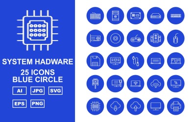 25 Conjunto de iconos de círculo azul de Hadware de sistema premium