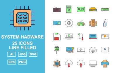 25 Premium Sistem Hadware Hattı Dolgulu Simge Seti
