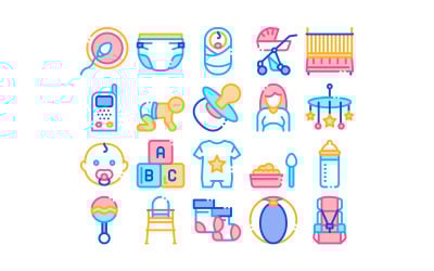 Conjunto de colección de ropa y herramientas de bebé Vector icono