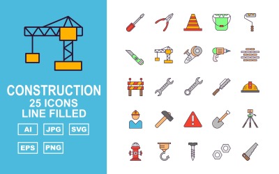 25 Conjunto de ícones de pacote preenchido de linha de construção premium