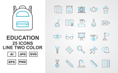 Conjunto de iconos de paquete de dos colores de la línea de educación premium 25