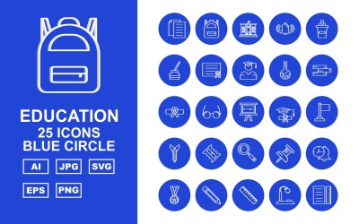 25 Premium Education Blue Circle Pack Ikonuppsättning