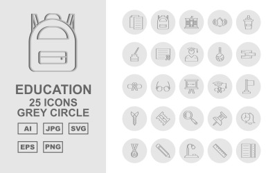 25 prémium szintű oktatás szürke kör csomag ikon készlet
