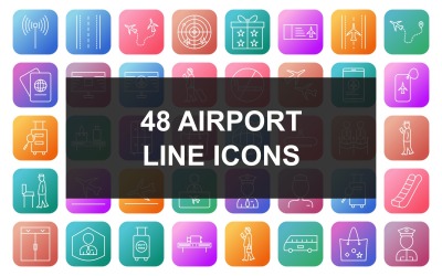 48 Airport Line Square kerek színátmenet háttér ikon készlet