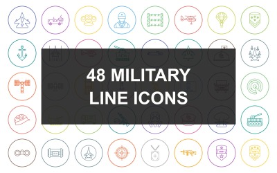 48 militär linje rund cirkel ikonuppsättning