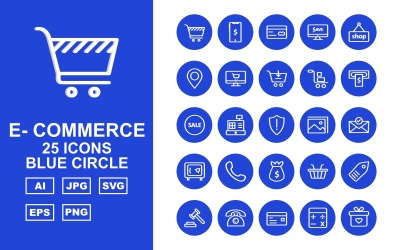 25 prémium e-kereskedelem kék kör ikonkészlet