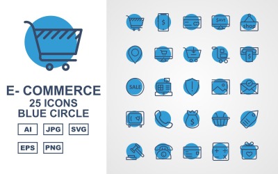 25 prémium e-kereskedelmi kék kör csomag ikonkészlet