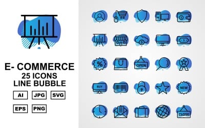 25 set di icone di bolle di linea di e-commerce premium