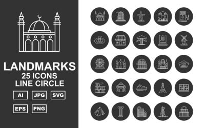 25 Premium Building &amp;amp; Landmarks Line Circle Pack Icon Set