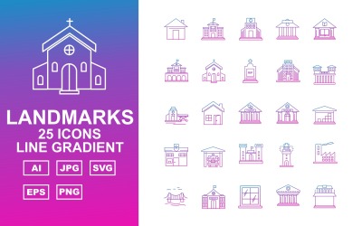 25 Premium Building &amp;amp; Landmarks Line Gradient Pack Ikonuppsättning