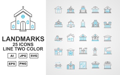 25 Premium Building &amp;amp; Landmarks Line Two Color Pack Icon Set