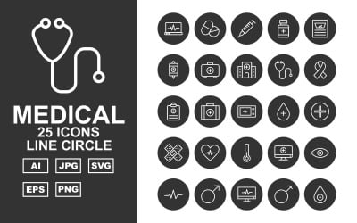 25 Premium Medical Line Circle Icon Set