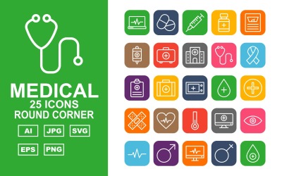 25 set di icone angolari rotonde mediche premium