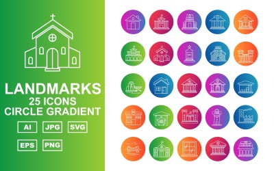 25 Premium Building &amp;amp; Landmarks Circle Gradient Iconset