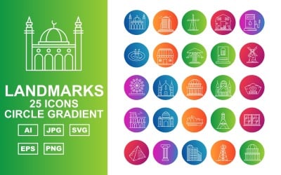 25 Premium Building &amp;amp; Landmarks Circle Gradient Pack Iconset