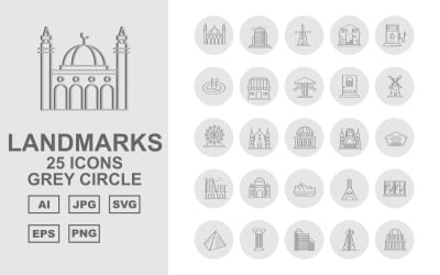 25 Premium Building &amp;amp; Landmarks Grey Circle Pack Iconset