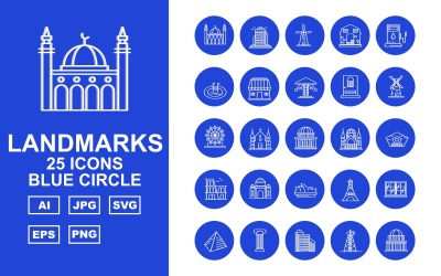 25 premiumbyggnad och landmärken Blue Circle Pack Iconset