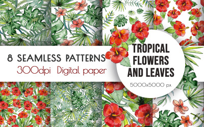 Watercolor Tropical Flowers Seamless Pattern