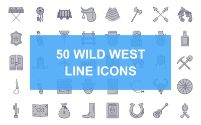 Zestaw 50 ikon wypełnionych linią Dzikiego Zachodu