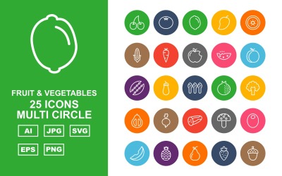 Ensemble d&amp;#39;icônes multi-cercle de 25 fruits et légumes de qualité supérieure