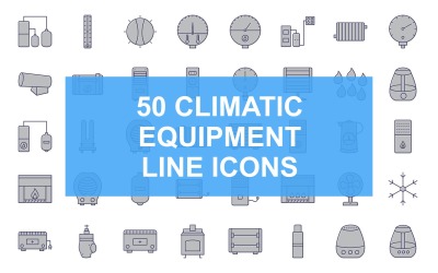 Conjunto de ícones preenchidos com 50 linhas de equipamentos climáticos