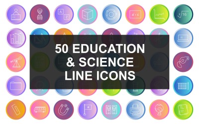 Conjunto de ícones redondos de gradiente de linha 50 Education &amp;amp; Science