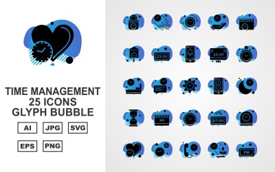 25 Conjunto de ícones de bolha de glifo de gerenciamento de tempo premium