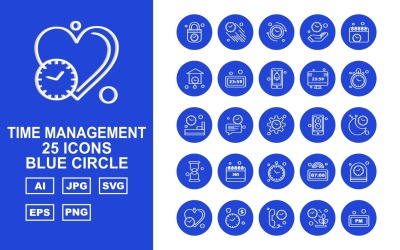 25 Conjunto de iconos de círculo azul de gestión de tiempo premium
