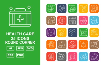 25 Conjunto de iconos de esquina redonda de atención médica premium