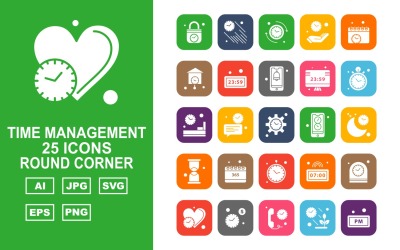 25 Premium Time Management ronde hoek Icon Set